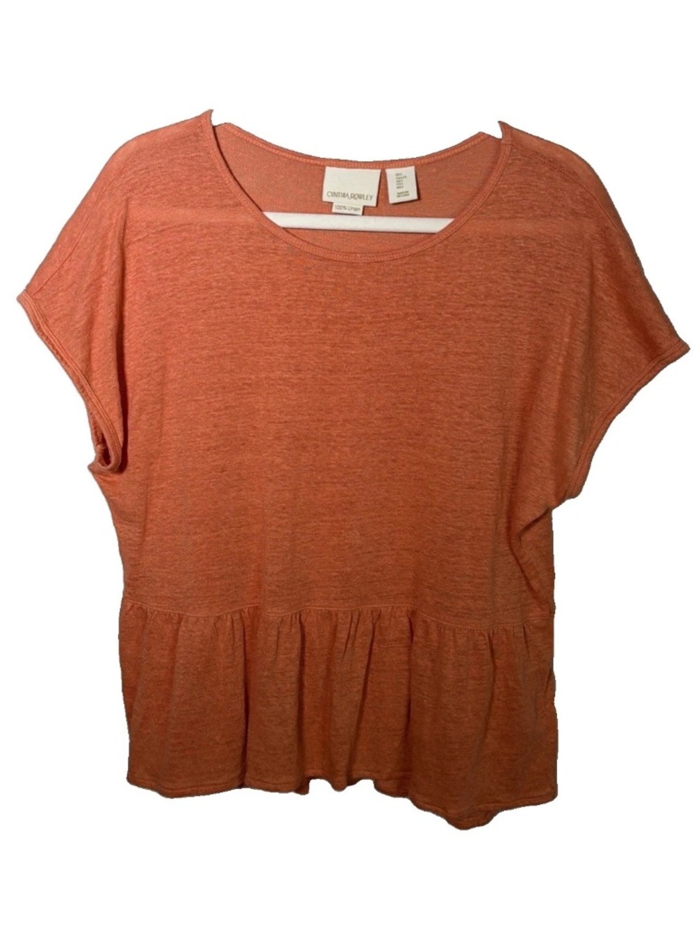 Cynthia Rowley 100% Linen Rust Orange Short Sleeve Peplum Top Women's Size Large